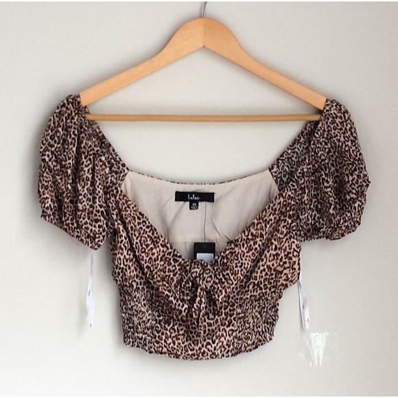 Lulus Women Fiercely in Love Beige Leopard Print Tie-Front Crop Top XS Smock NEW - Picture 4 of 10